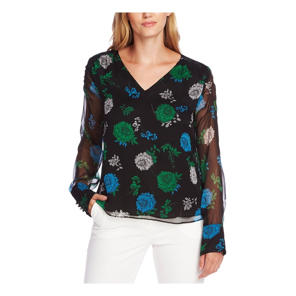 VINCE CAMUTO Womens Black Floral Long Sleeve Top